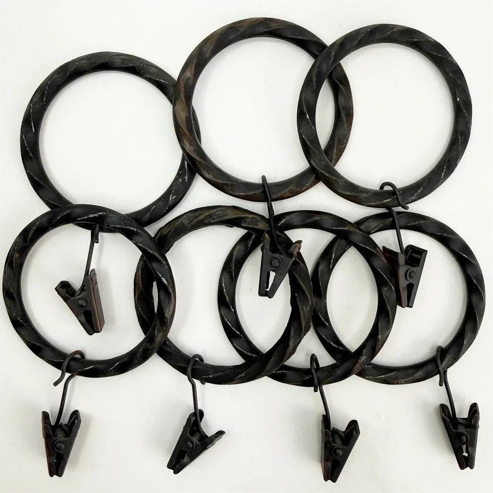 Set of 7 Twisted Metal Curtain Rings with Clips Dark Bronze 1.5 Inch Inner Dia